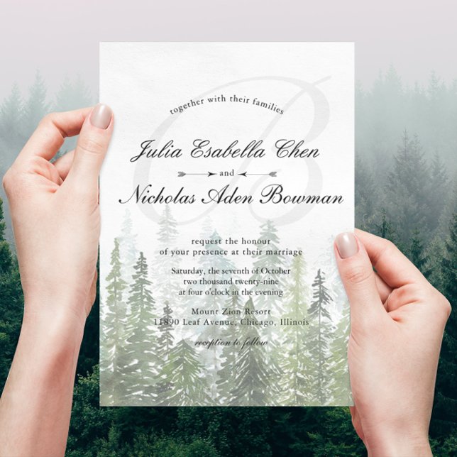Watercolor Pine Woods Forest Monogram Wedding Invitation (Creator Uploaded)