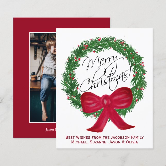 Watercolor Pine Wreath BUDGET Christmas Photo Card (Front/Back)