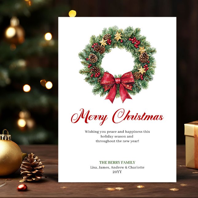 Watercolor Pine Wreath Christmas Greeting Design Holiday Card (Watercolor Pine Wreath Christmas Greeting Design)