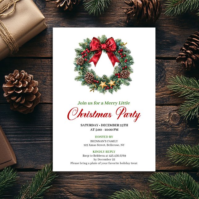 Watercolor Pine Wreath Christmas Party Invitation (Watercolor Pine Wreath Christmas Party Invitation)