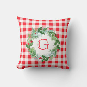Watercolor Pine Wreath MONOGRAM Red Check Cushion
