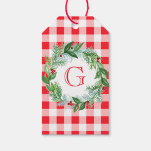 Watercolor Pine Wreath MONOGRAM Red Check  Gift Tags