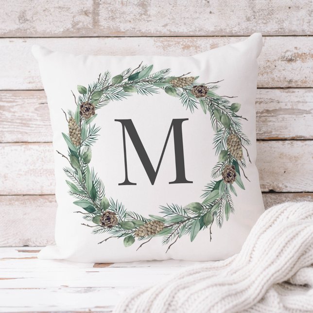 Watercolor Pine Wreath Pinecone Monogram Winter Cushion (Creator Uploaded)