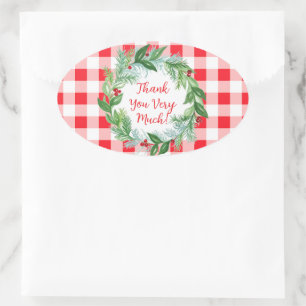 Watercolor Pine Wreath THANK YOU Red Check Oval  Sticker