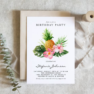 Watercolor Pineapple Hibiscus Tropical Birthday Invitation