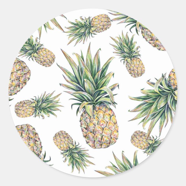 Watercolor Pineapple Pattern Classic Round Sticker (Front)