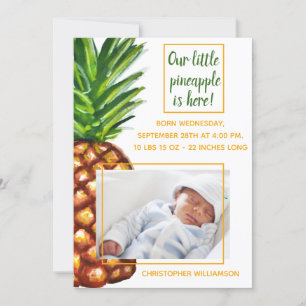 Watercolor Pineapple Photo Birth Announcement