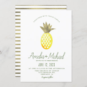 Watercolor Pineapple Pina Tropic Faux Foil Wedding Invitation