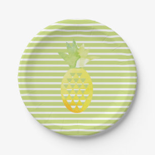 Watercolor Pineapple Trendy Stripes Fruity Party Paper Plate