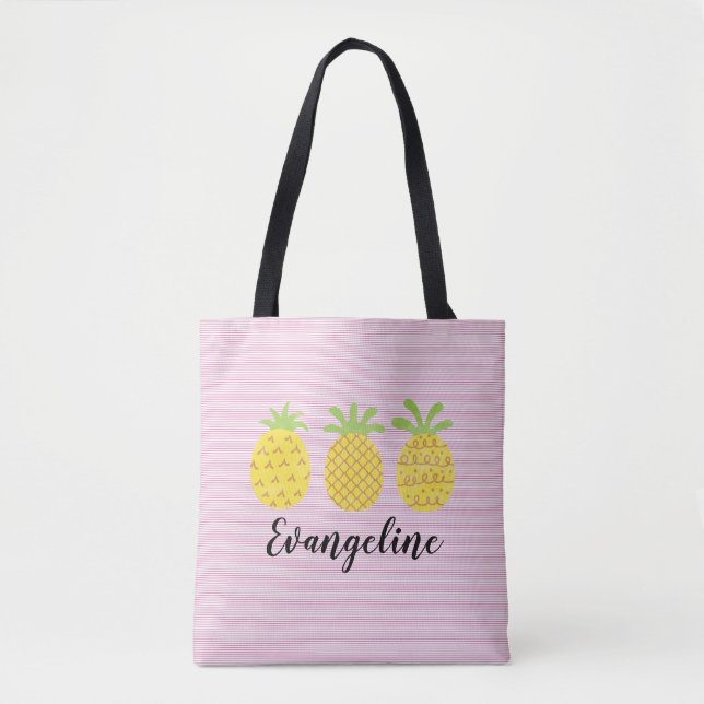 Watercolor Pineapple Trio with Pink Pinstripe   Tote Bag (Front)