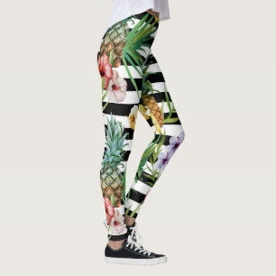 Watercolor pineapple tropical flower black stripes leggings