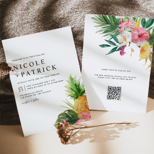 Watercolor Pineapple Tropical QR Code Wedding Invitation