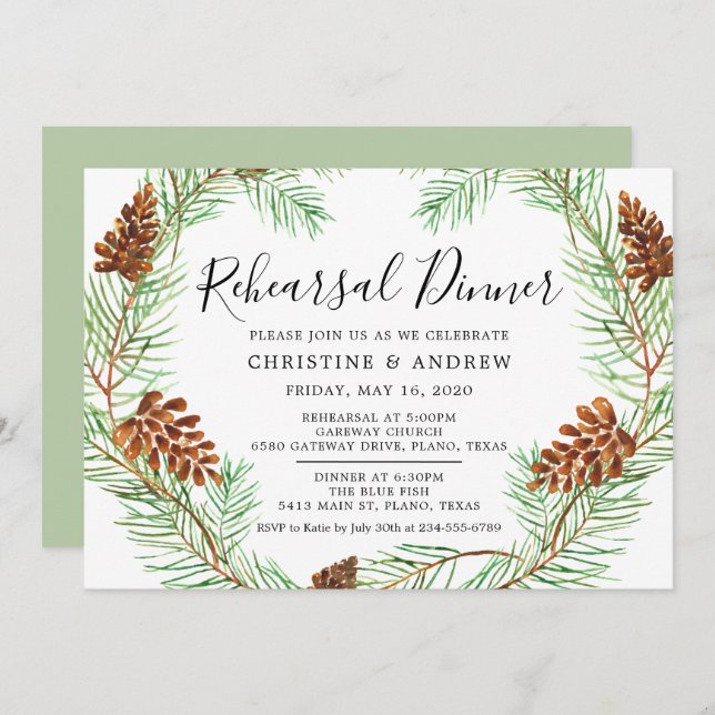 Watercolor Pinecone Elegant Winter Rehearsal Invitation (Front/Back)