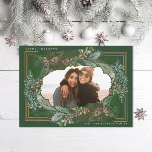 Watercolor Pinecone Green Frame Holiday Photo Card