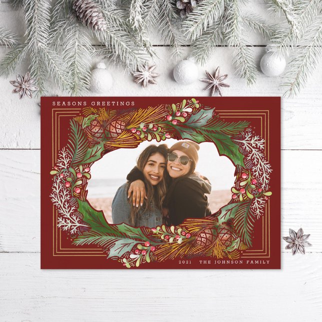 Watercolor Pinecone Red Frame Holiday Photo (Creator Uploaded)