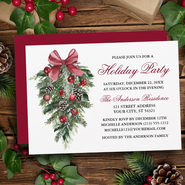Watercolor Pines Berries Bow Red Holiday Party Invitation (Customize to change text color, size, style or to change color of back of card.)