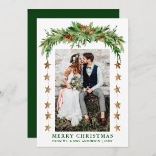 Watercolor Pines Boho Christmas Newlywed Green Holiday Card