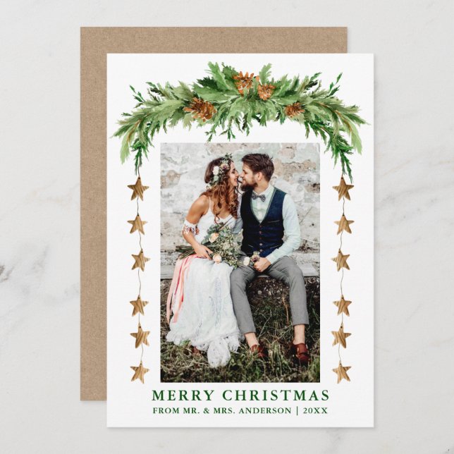 Watercolor Pines Boho Christmas Newlywed Kraft Holiday Card (Front/Back)