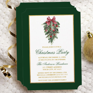 Watercolor Pines Calligraphy Gold Christmas Party Invitation