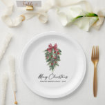 Watercolor Pines Calligraphy Ink Christmas Paper Plate<br><div class="desc">Modern Elegant Calligraphy Ink Script Watercolor Pines Winter Greenery with Burgundy Red Ribbon Bow Christmas Ornaments,  Pine Cones and Holly Berries Merry Christmas Paper Plates</div>