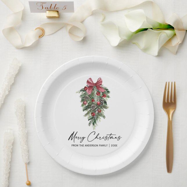Watercolor Pines Calligraphy Ink Christmas Paper Plate (Wedding)