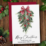 Watercolor Pines Calligraphy Ink Christmas Red Holiday Card<br><div class="desc">Modern Elegant Calligraphy Ink Script Watercolor Pines Winter Greenery with Burgundy Red Ribbon Bow Christmas Ornaments,  Pine Cones and Holly Berries Merry Christmas Card - Red</div>