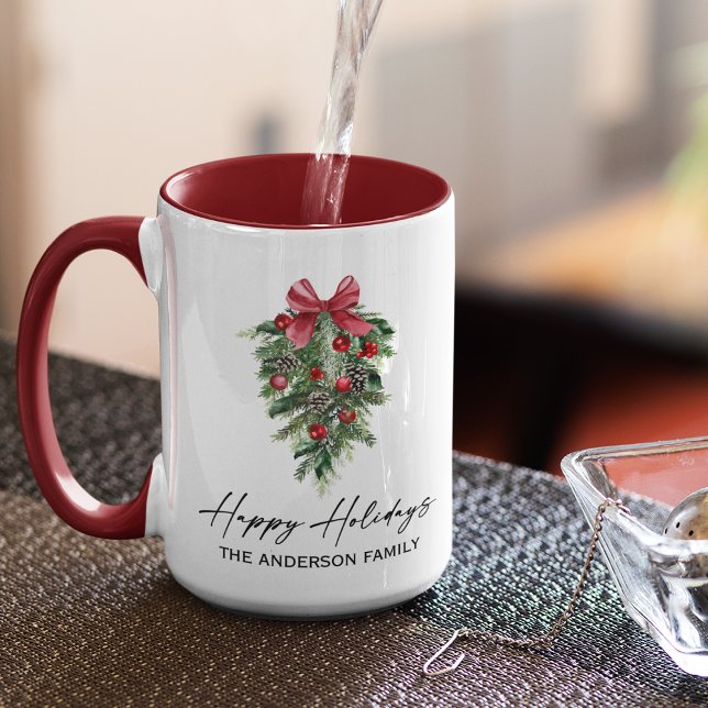 Watercolor Pines Calligraphy Ink Holiday Large Mug (Customize to change your personalized text size or text style.)
