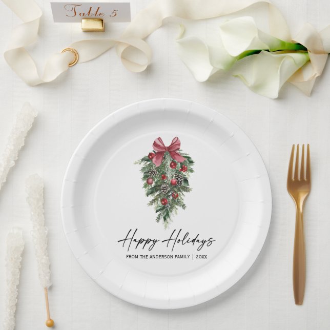 Watercolor Pines Calligraphy Ink Holiday Paper Plate (Wedding)