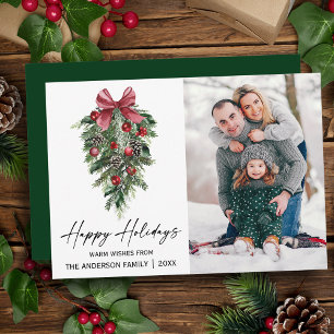 Watercolor Pines Calligraphy Ink Photo Green Holiday Card