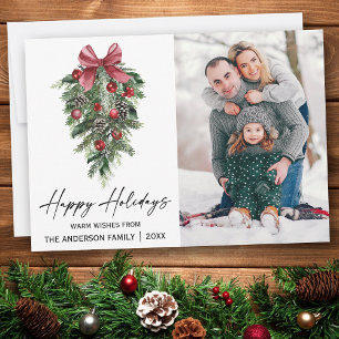 Watercolor Pines Calligraphy Ink Script Photo Holiday Card