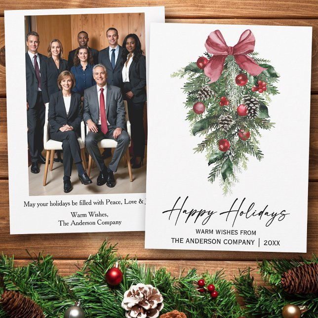 Watercolor Pines Company Photo Back Holiday Card (Customize to change your personalized text size or text style.)