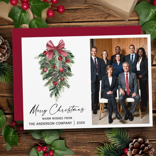 Watercolor Pines Company Photo Christmas Holiday Card (Customize to change your personalized text size, style or change color of back of card.)