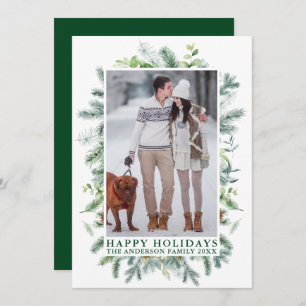 Watercolor Pines Frame Green Photo Holiday Card
