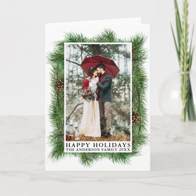 Watercolor Pines Frame Happy Holidays Photo Folded Holiday Card (Front)
