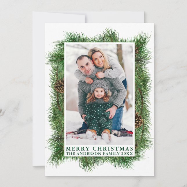 Watercolor Pines Frame Merry Christmas Green Holiday Card (Front)