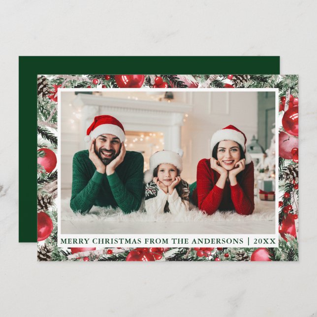 Watercolor Pines Ornaments Photo Christmas Green Holiday Card (Front/Back)