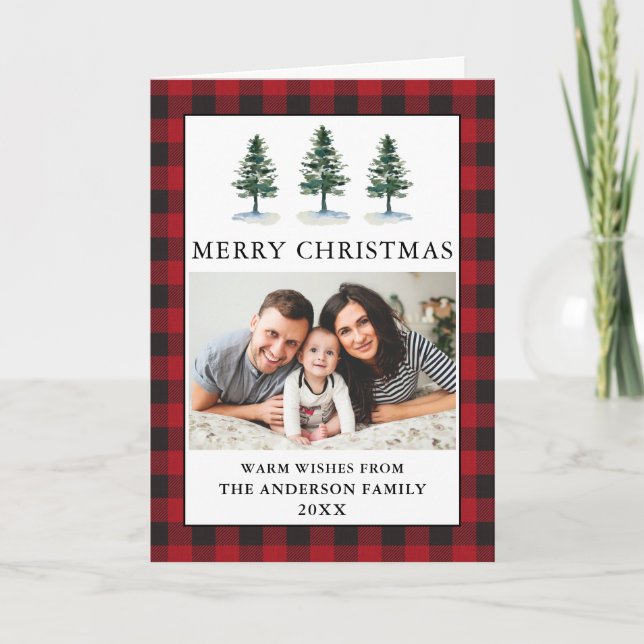 Watercolor Pines Photo Christmas Plaid Folded Holiday Card (Front)