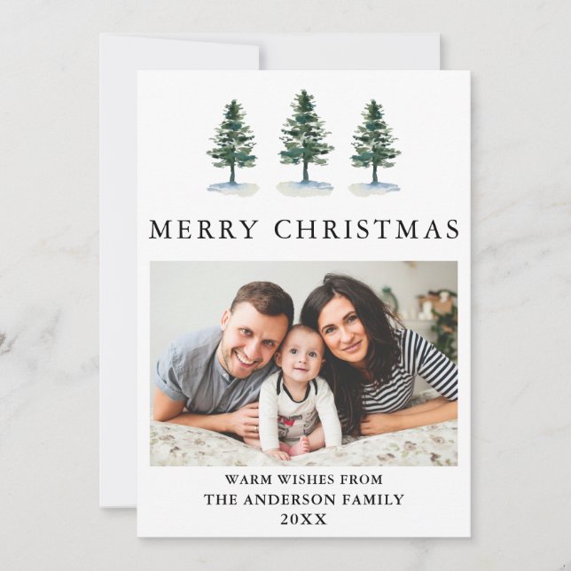 Watercolor Pines Photo Modern Christmas Holiday Card (Front)