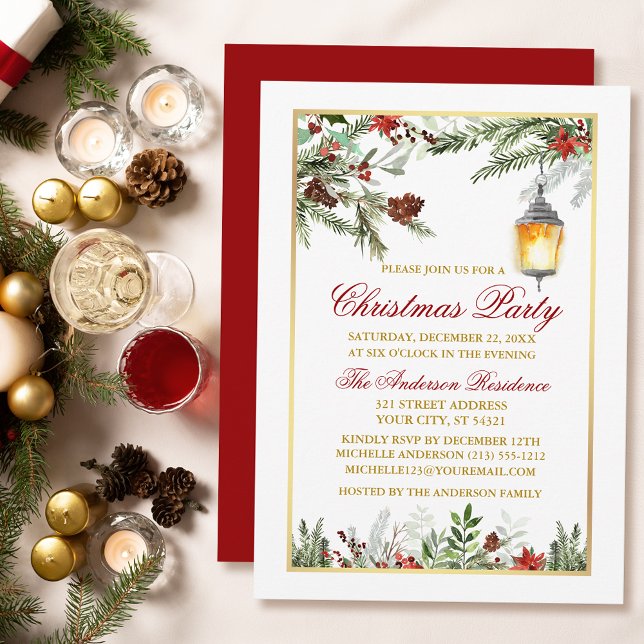 Watercolor Pines Poinsettia Christmas Party Gold Invitation (Customize to change text size, text style or to change color of back of card.)