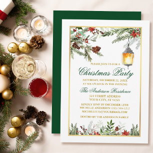 Watercolor Pines Poinsettia Gold Christmas Party Invitation