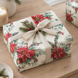 Watercolor Pines Vintage Red Poinsettia Christmas Wrapping Paper
