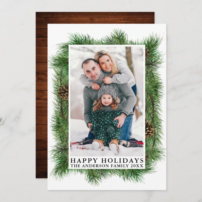 Watercolor Pines Wood Happy Holidays Photo Holiday Card (Front/Back)