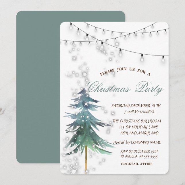 Watercolor PineTree,Sparkle,Lights,Christmas Party Invitation (Front/Back)
