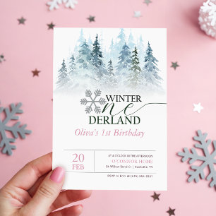 Watercolor Pinetree Winter Onderland 1st Birthday Invitation