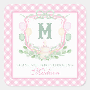 Watercolor Pink 1st Birthday Monogram Crest Gift Square Sticker