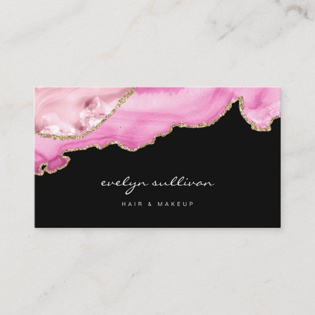 watercolor pink agate on black business card (Front)