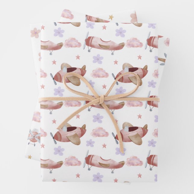 Watercolor Pink Airplane Wrapping Paper Sheet (In situ)