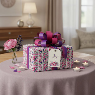 Watercolor pink and blue flowers and white stripes wrapping paper