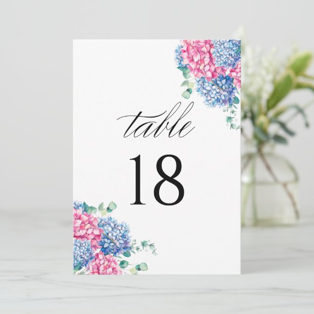 Watercolor Pink and Blue Hydrangea Table Number (Standing Front)
