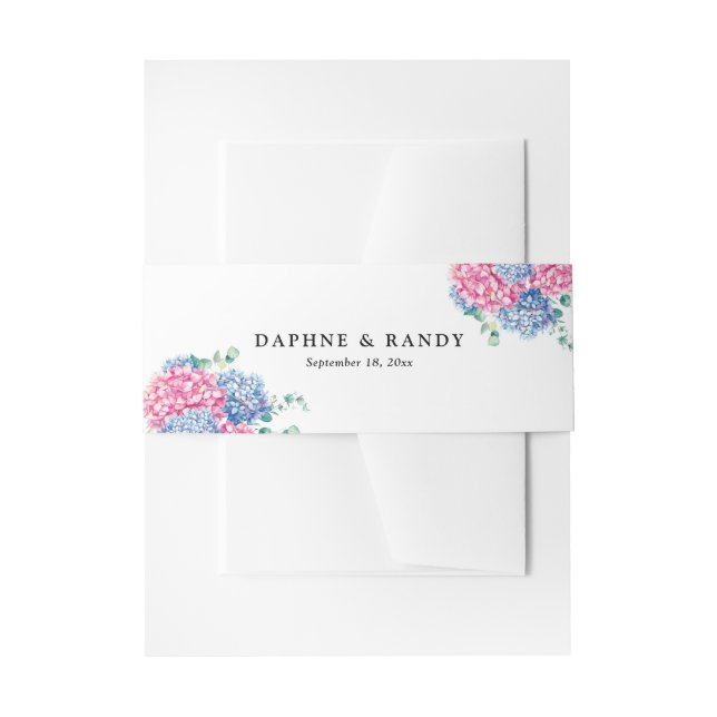 Watercolor Pink and Blue Hydrangea Wedding Invitation Belly Band (Front Example)